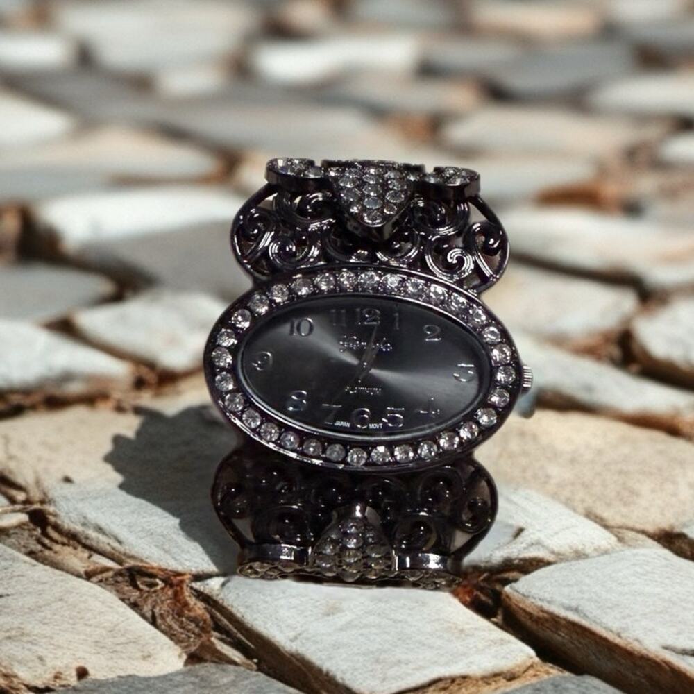Geneva Platinum Fleur de Lis Rhinestone Cuff Watch Y2K Goth